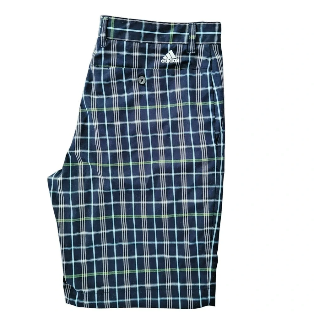 Adidas Golf Shorts‎ Mens 34 Navy Blue Plaid Performance Flat Front Stretchy